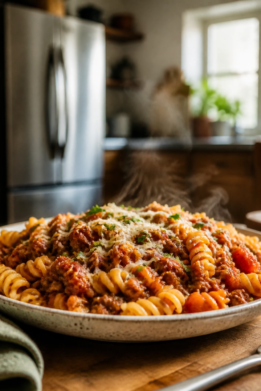 Close-up of a hearty home-cooked dinner in a cozy kitchen