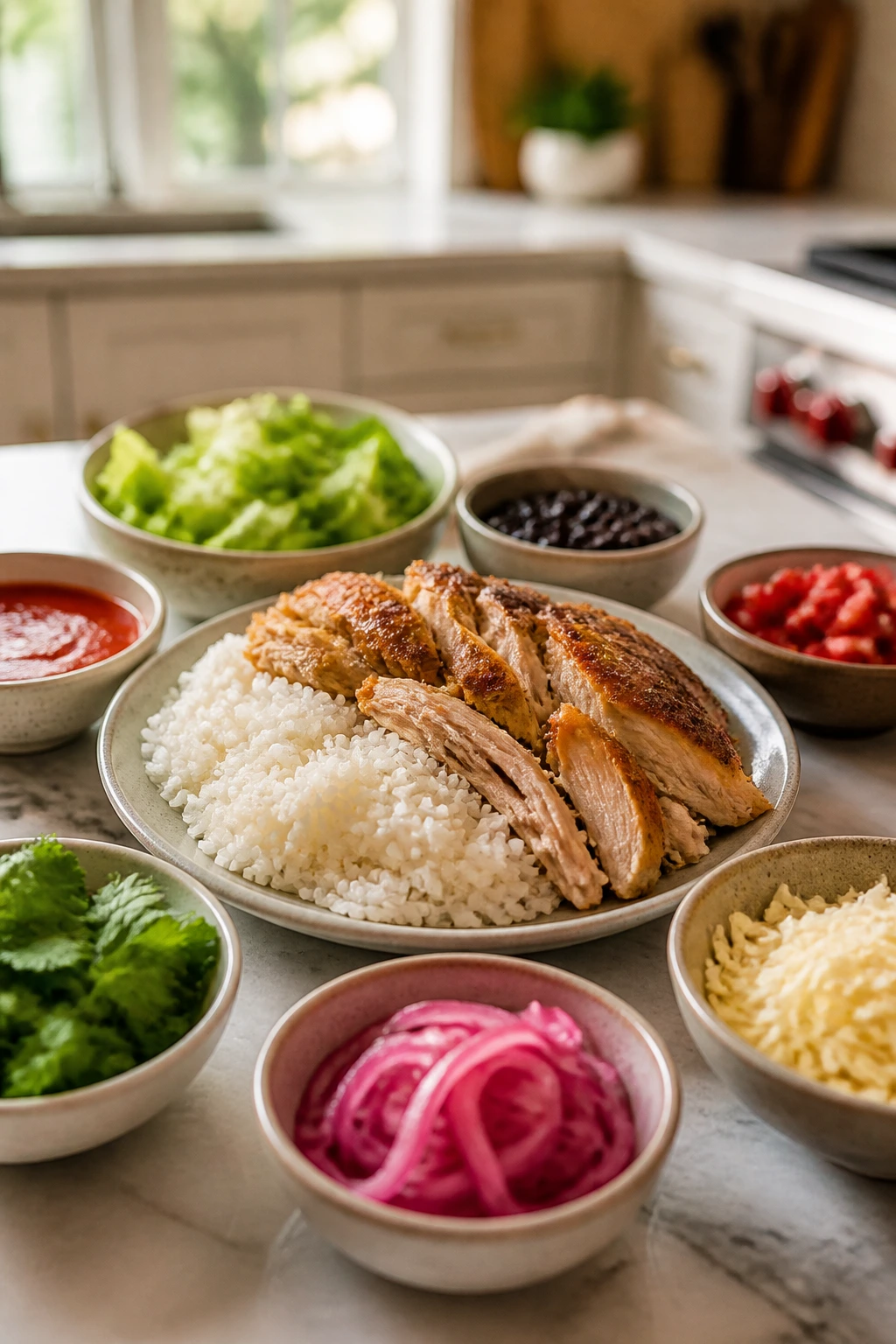 Plate showing a base with separate bowls of add-ons for a family dinner
