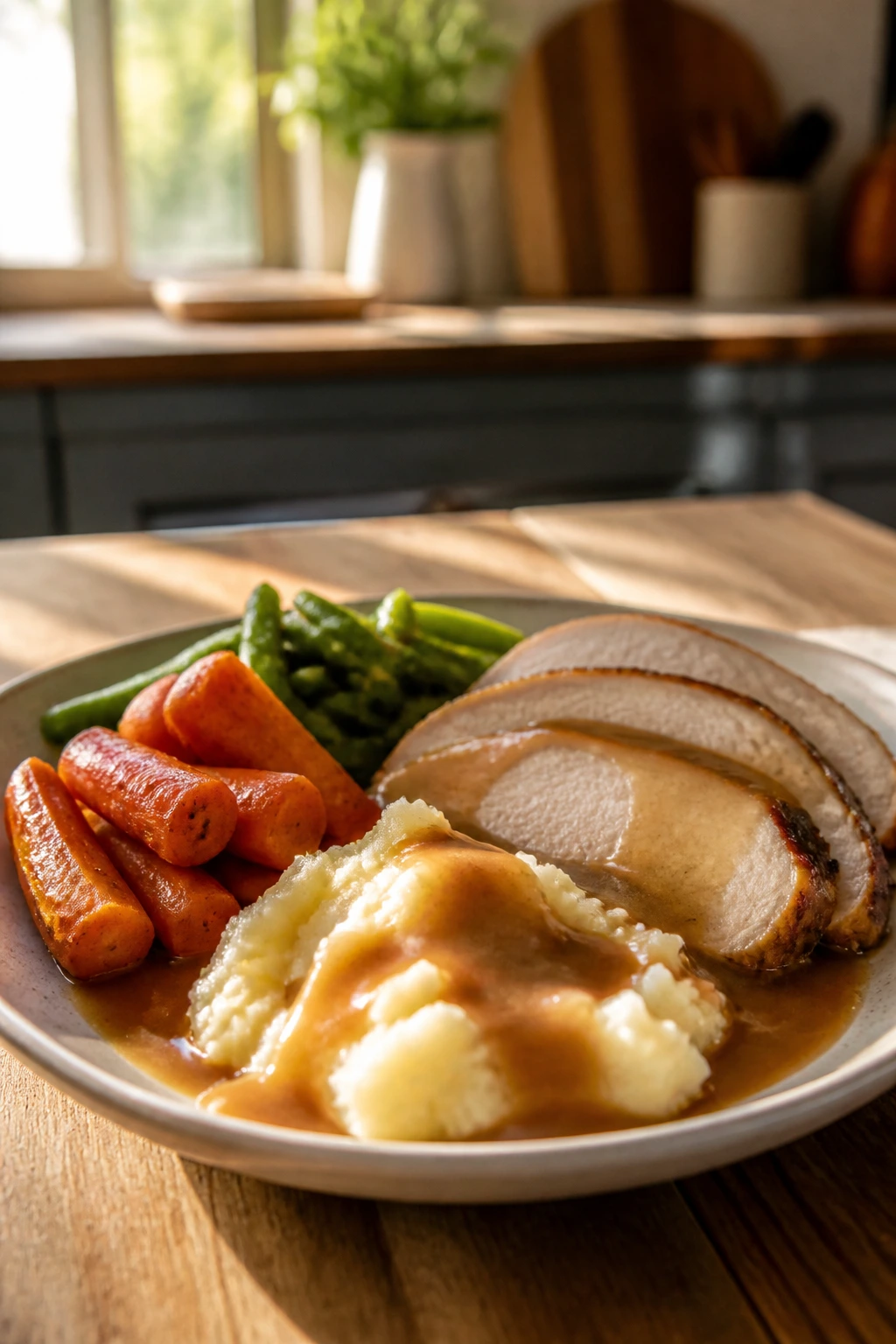 Plate of comforting Sunday dish on wooden table