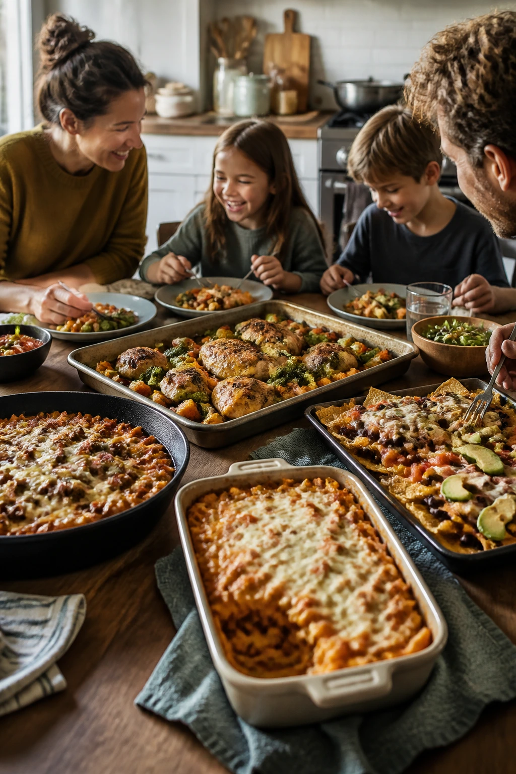 Cozy family dinner scene with a variety of weeknight dishes on the table