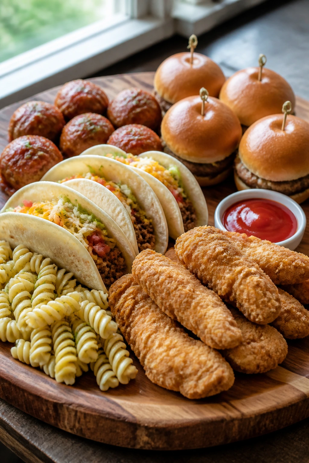 Close-up of a rustic board with familiar family dinner shapes ready for a real family night.