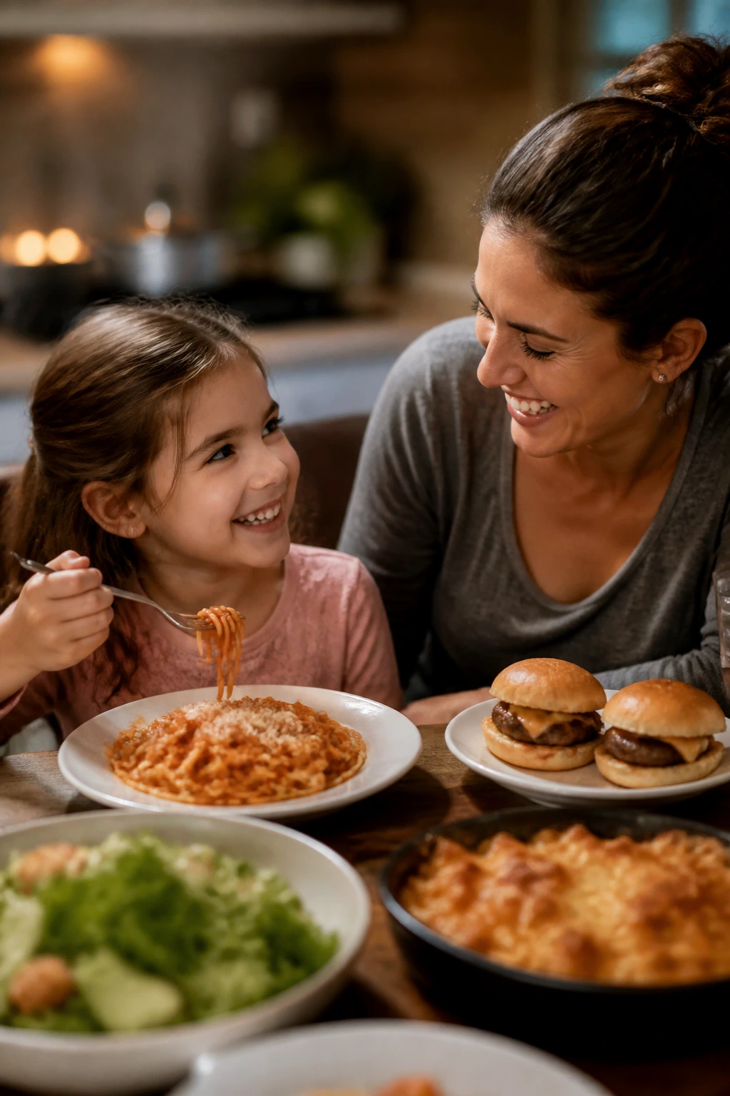 Family dinner with kids pasta and sliders at a cozy table.