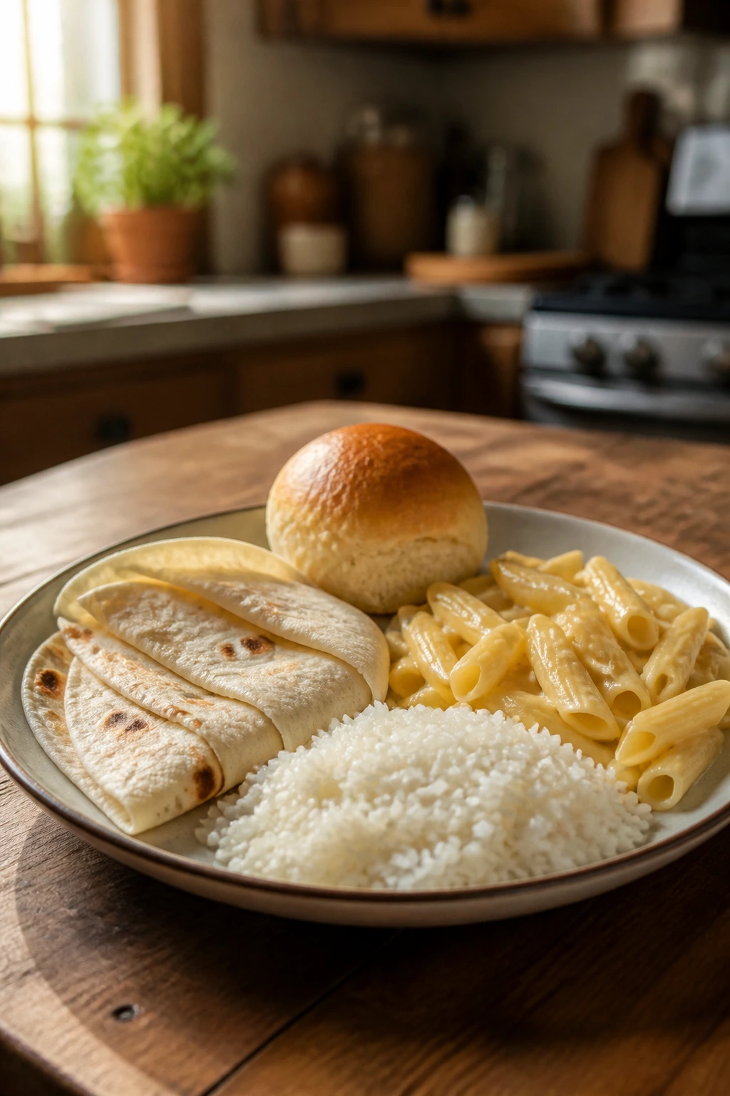 Close-up plate showing tortillas, rice, pasta, and a bread roll on a warm wooden table in a cozy kitchen