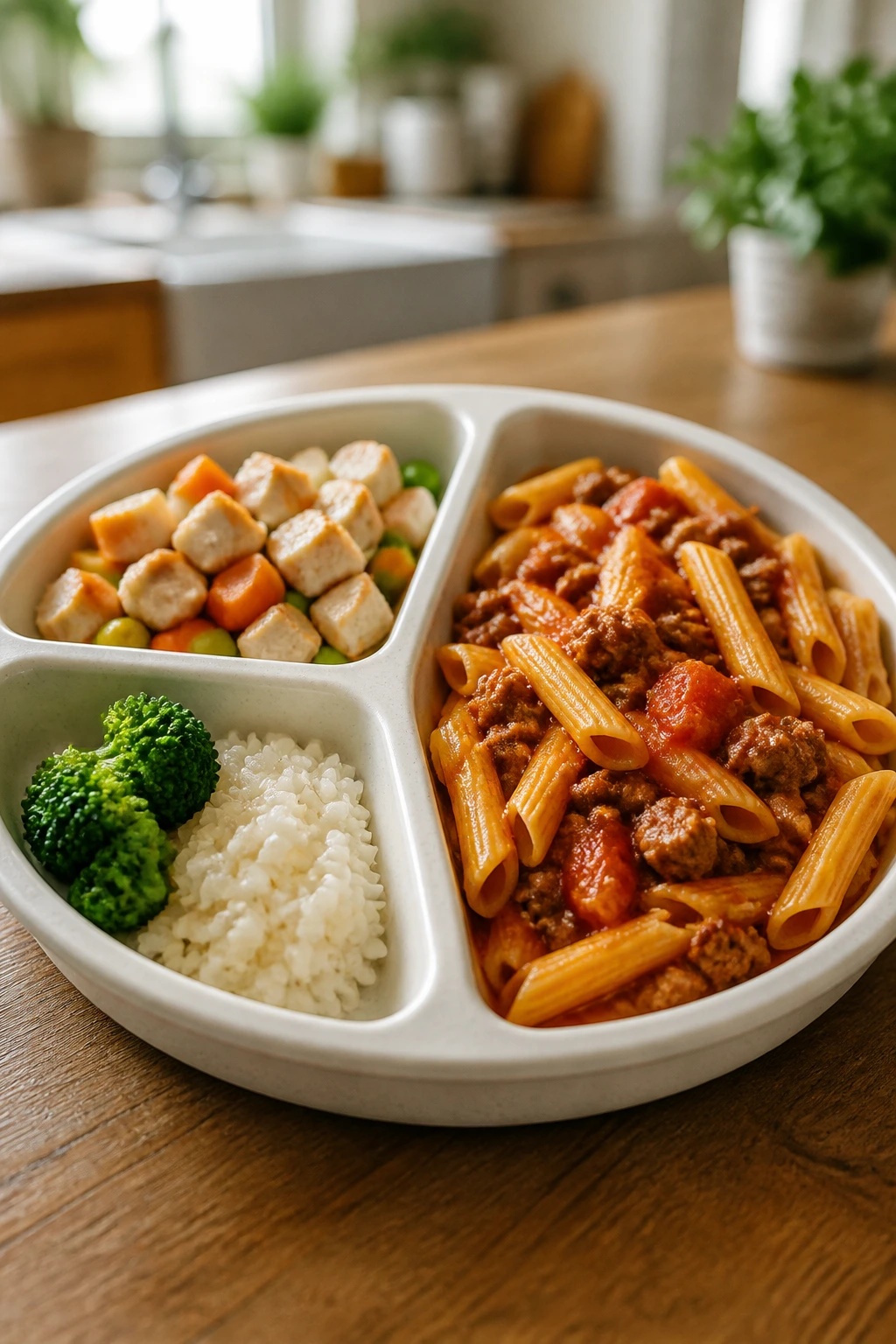 Divided plate showing toddler, picky-eater, and big-appetite portions in a cozy kitchen