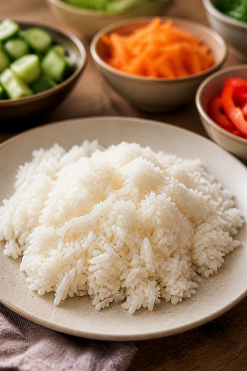 Close-up of rice base with ready-to-dress crunchy toppings