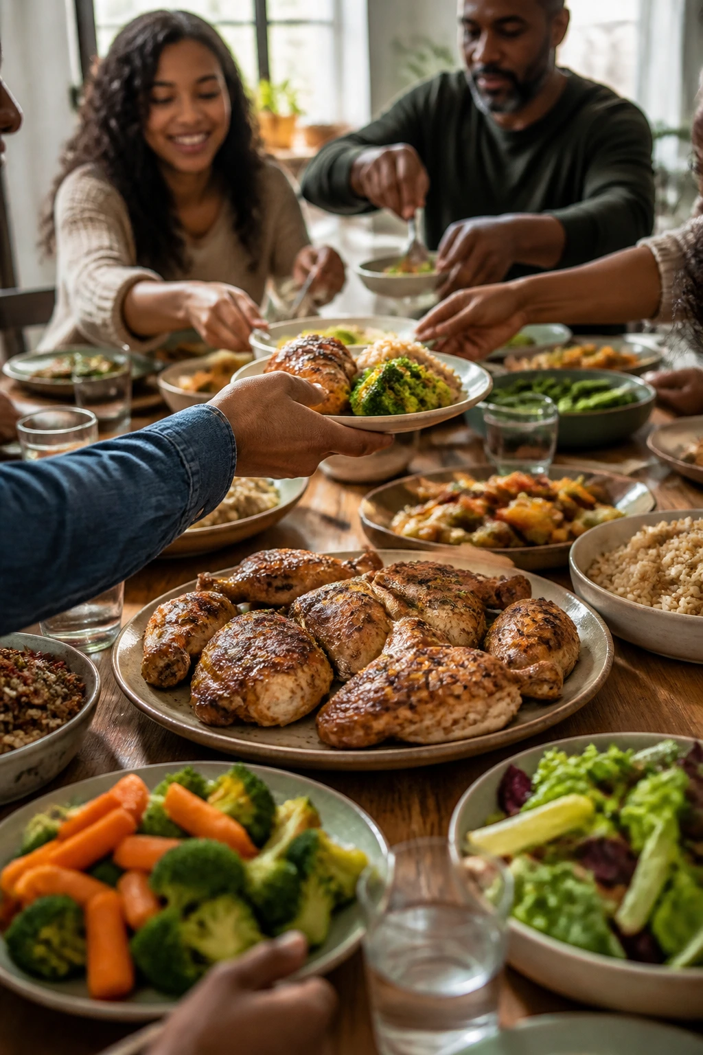 Close-up of a crowded family dinner table with plates of chicken and vegetables
