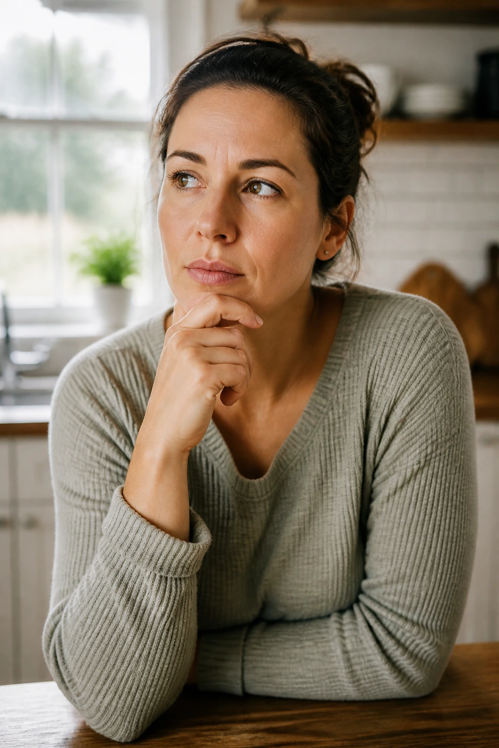 Close-up portrait of a thoughtful parent in a cozy kitchen, representing questions before making dinner