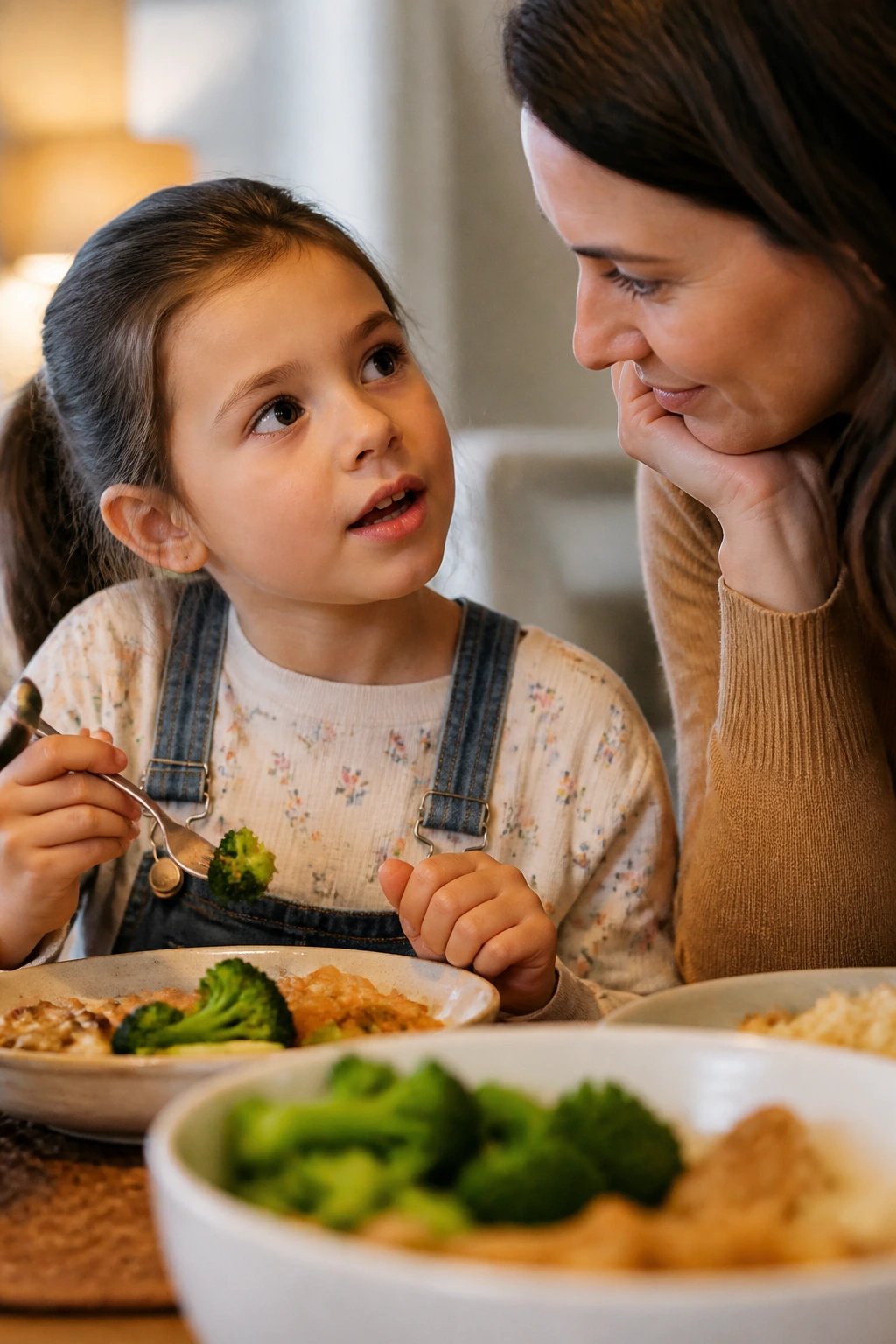 Close-up of a curious child and supportive parent at a dining table during dinner