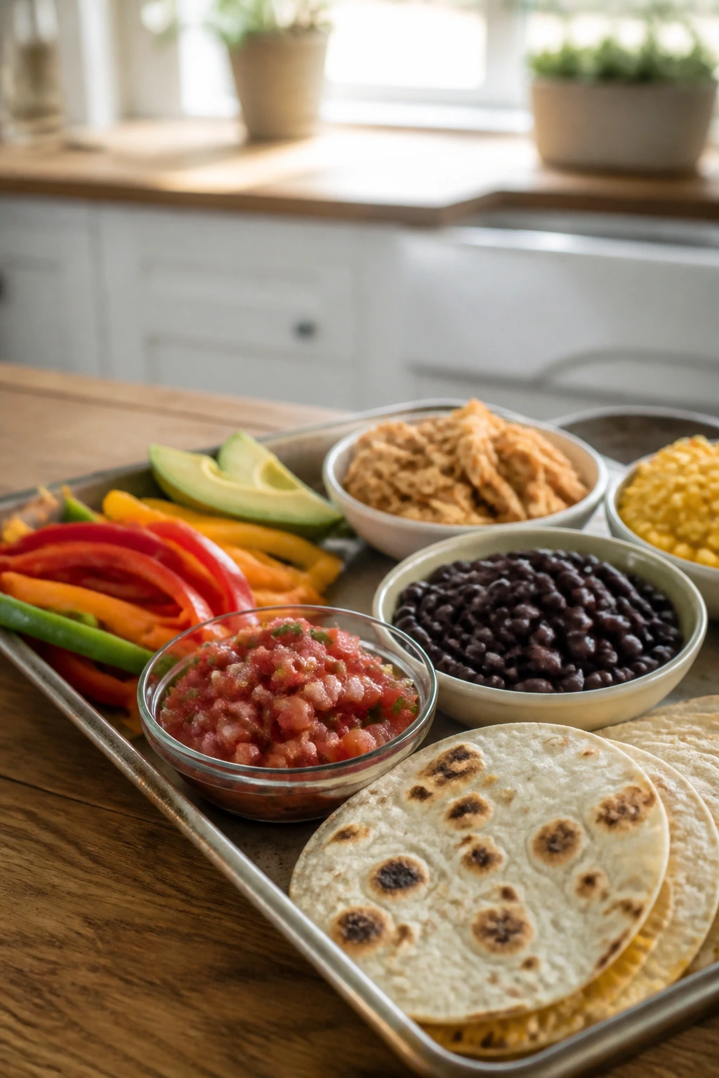 Close-up of a tray of quick pantry-based family dinners in a warm kitchen