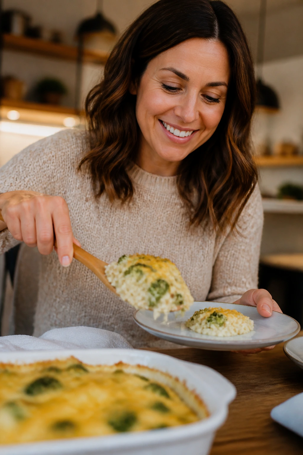 Medium close-up of a person serving cheesy chicken broccoli rice bake at a home table