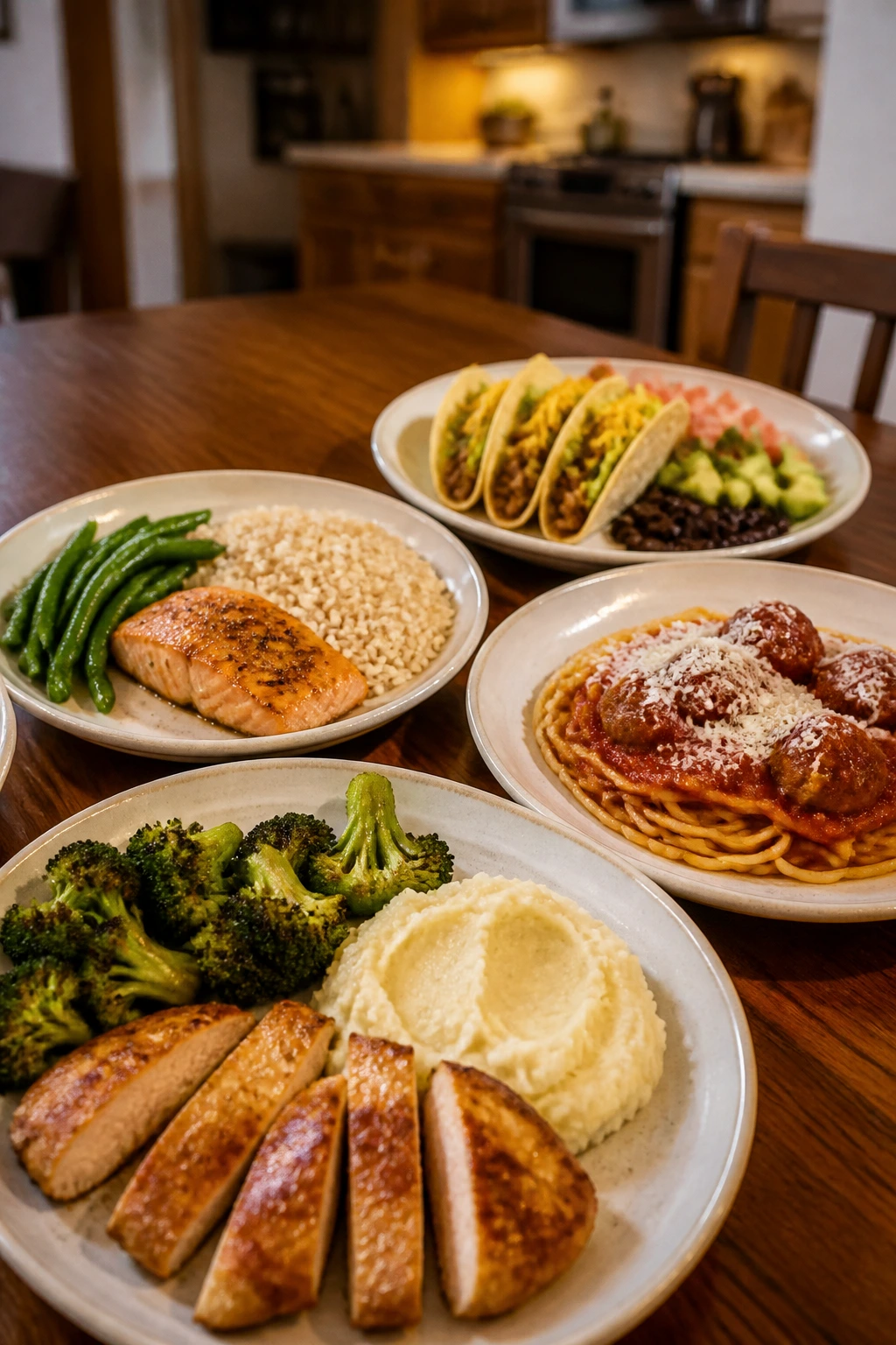 Four kid-friendly dinner plates arranged to suggest a rotating weekly menu