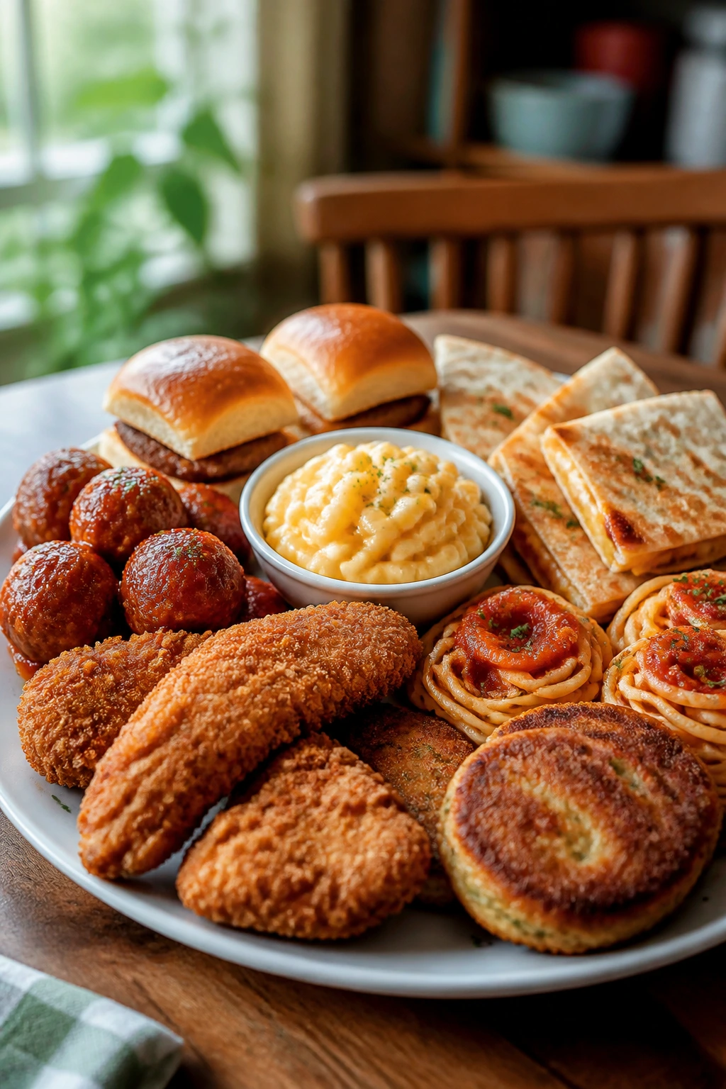 Close-up plate of familiar kid-friendly shapes at a family table