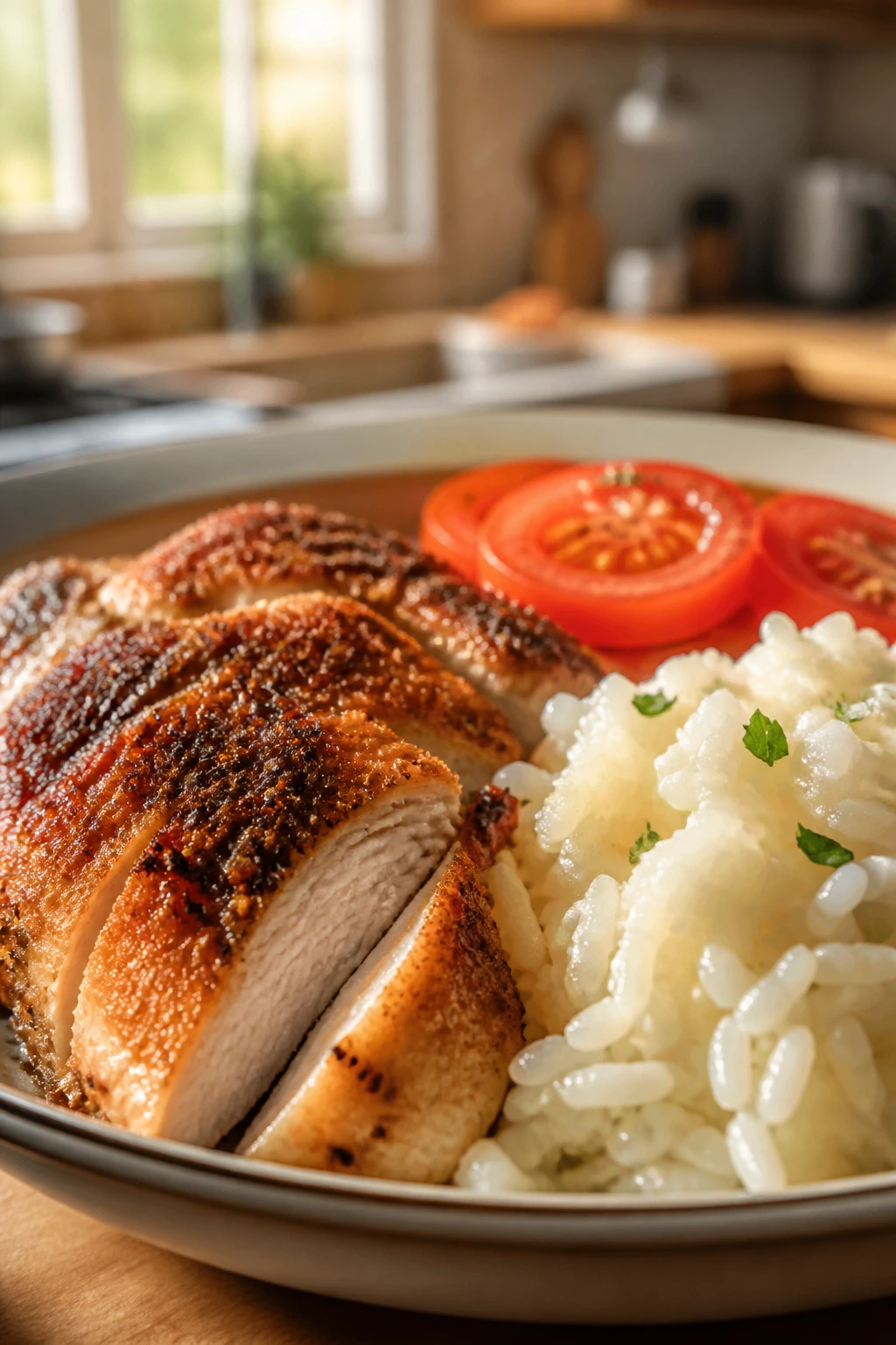 Close-up plate with crispy-edged chicken and fluffy rice on a busy family dinner table