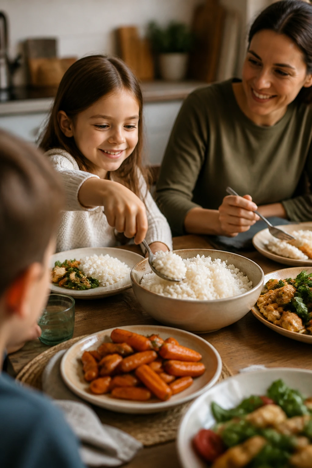 Child reaching for food at a warm family dinner table with a shared bowl