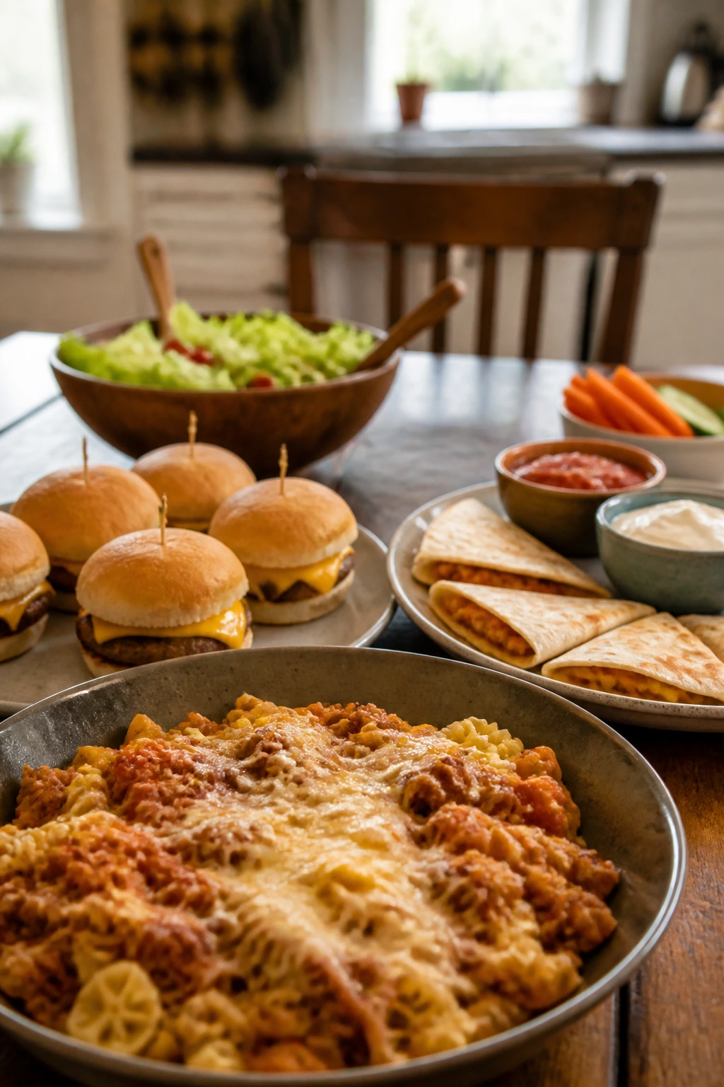 Close-up of a kid-friendly dinner spread with pasta shapes, sliders, and quesadillas on a wooden table