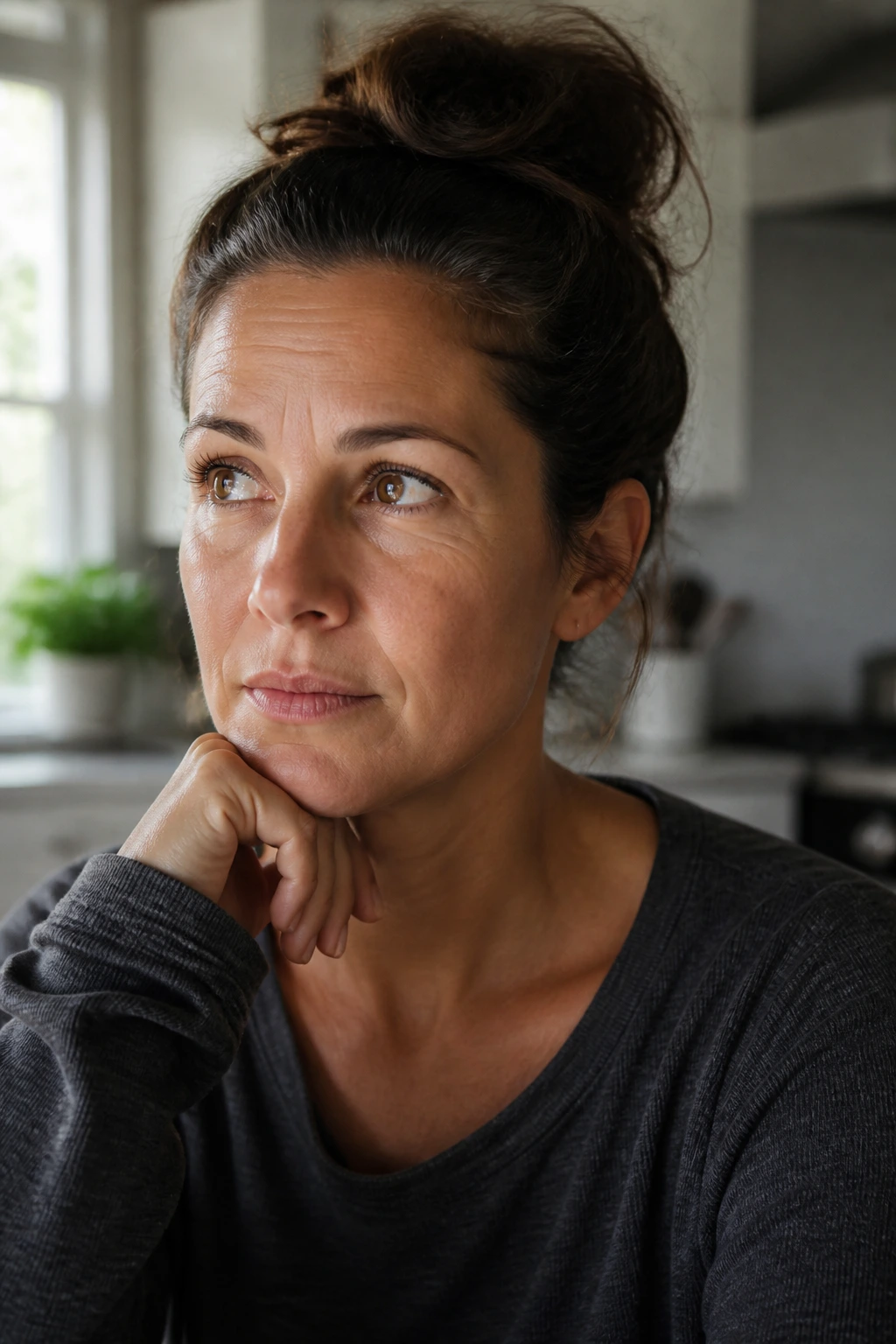 Close-up portrait of a parent in a kitchen with a thoughtful expression.