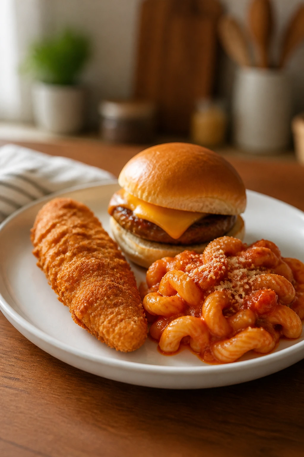 Plate with chicken tender, slider, and pasta representing kid-friendly meals.