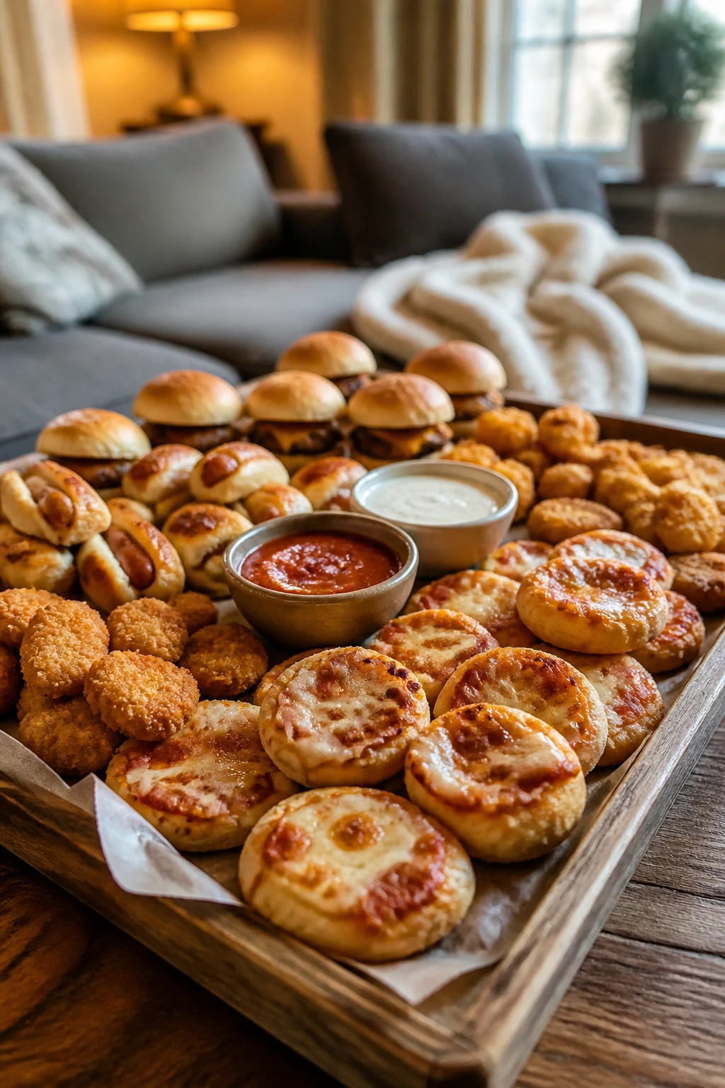 Close-up of a tray of handheld bite-sized dinner items for family movie night on a cozy living room coffee table