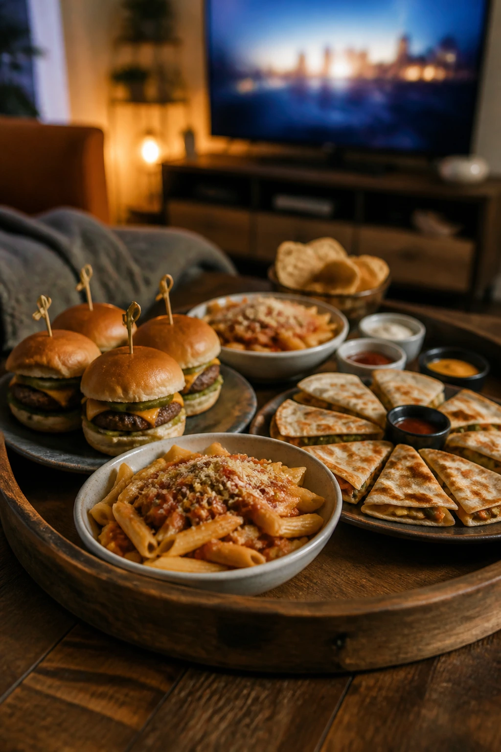 Tray of kid-friendly weeknight meals on a coffee table in a cozy living room