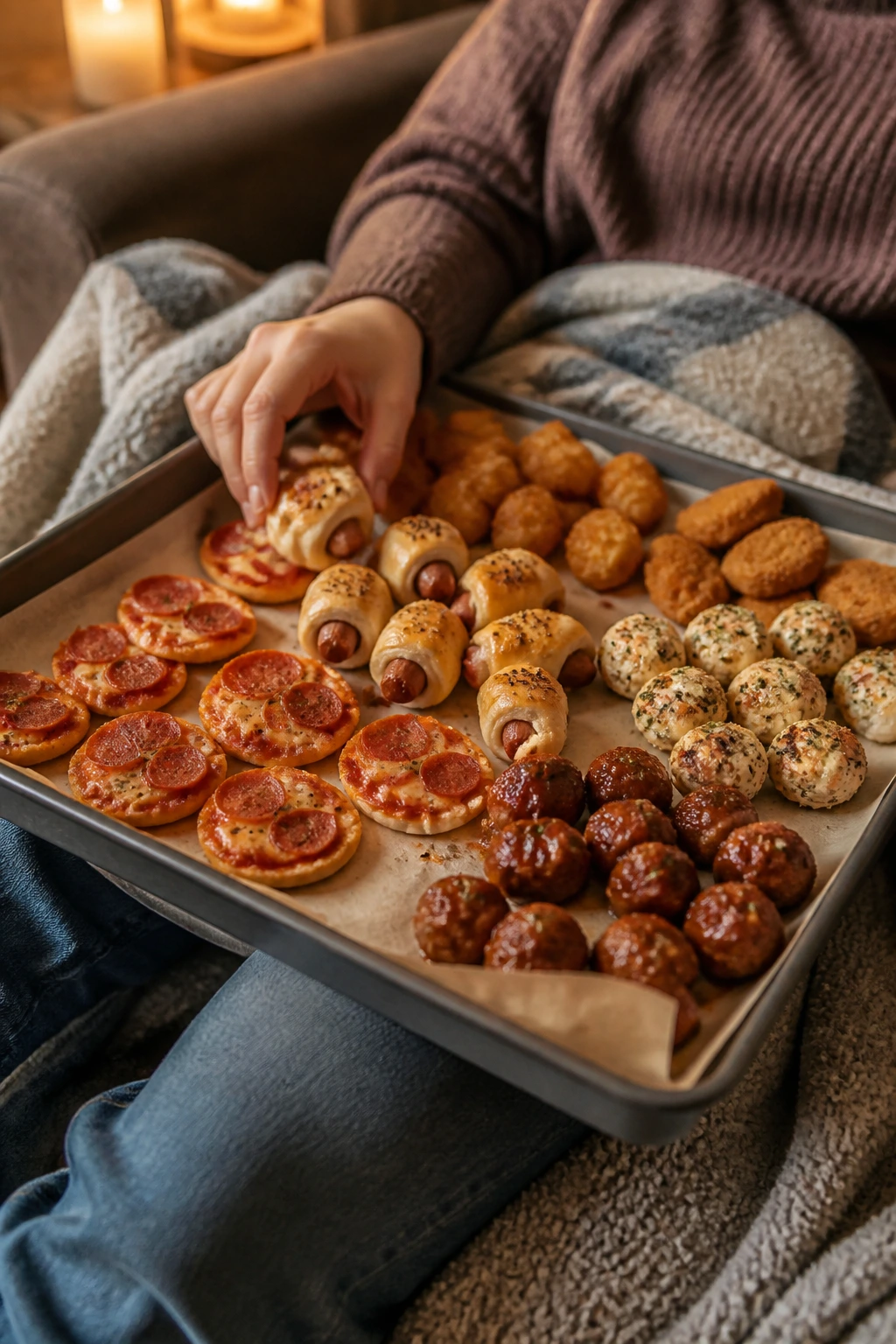 Close-up of a parchment-lined tray of bite-sized, one-handed meals on a lap in a cozy living room