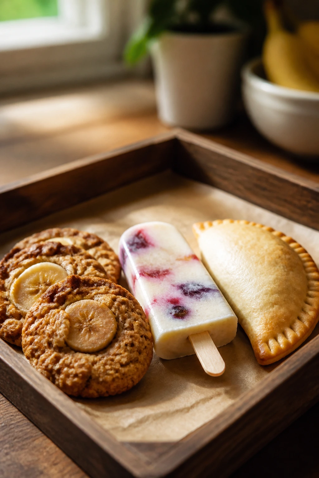 Close-up of a snack tray with banana cookie, yogurt pop, and hand pie on a wooden table in a warm kitchen