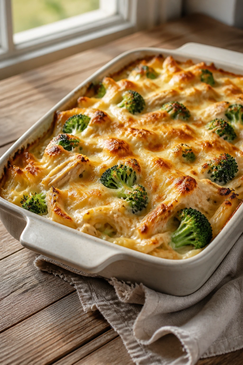 Casserole in baking dish on wooden table ready for family-style serving