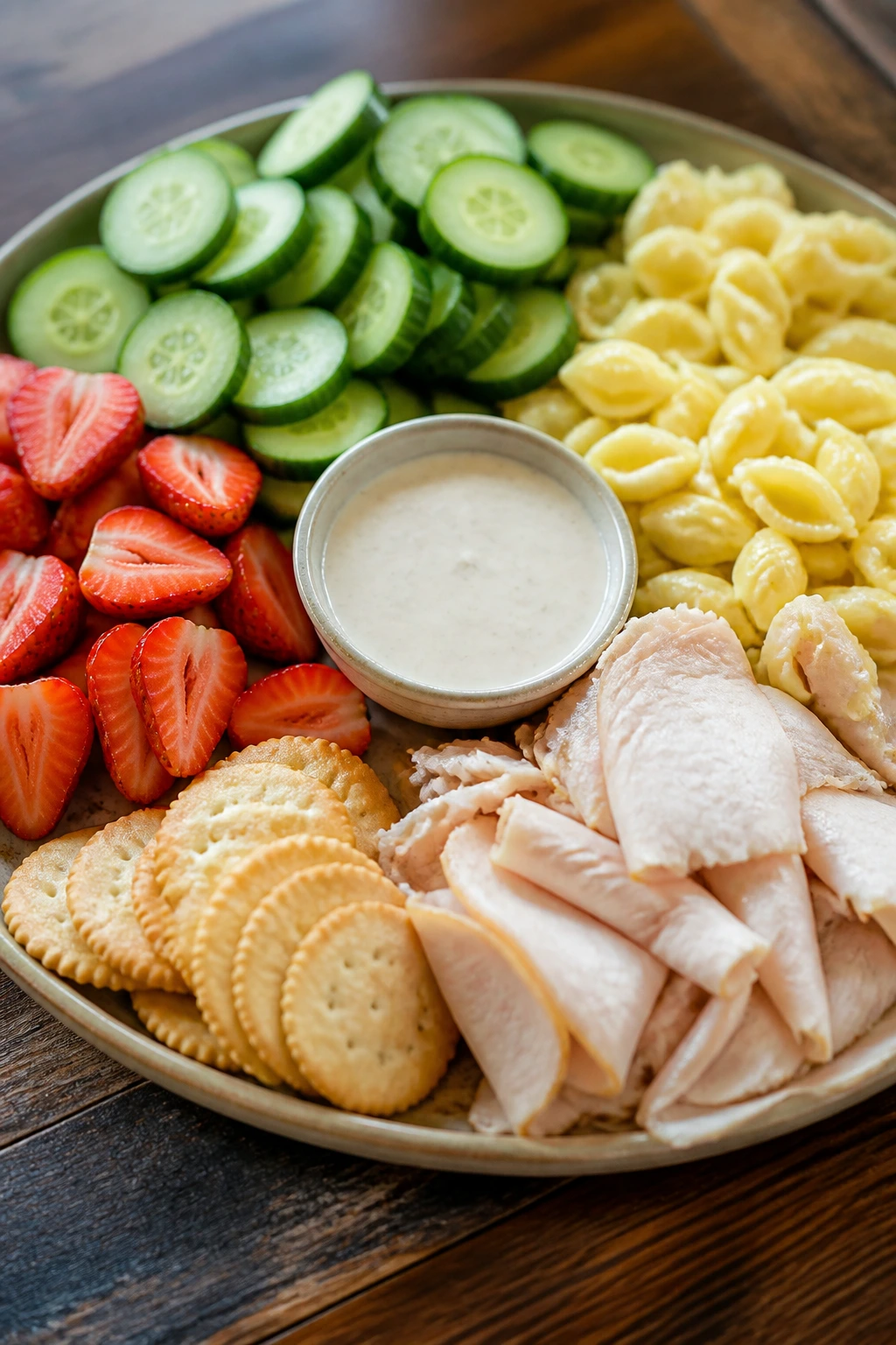 Close-up of a family-style lunch spread featuring turkey, noodles, cucumbers, strawberries, crackers and ranch