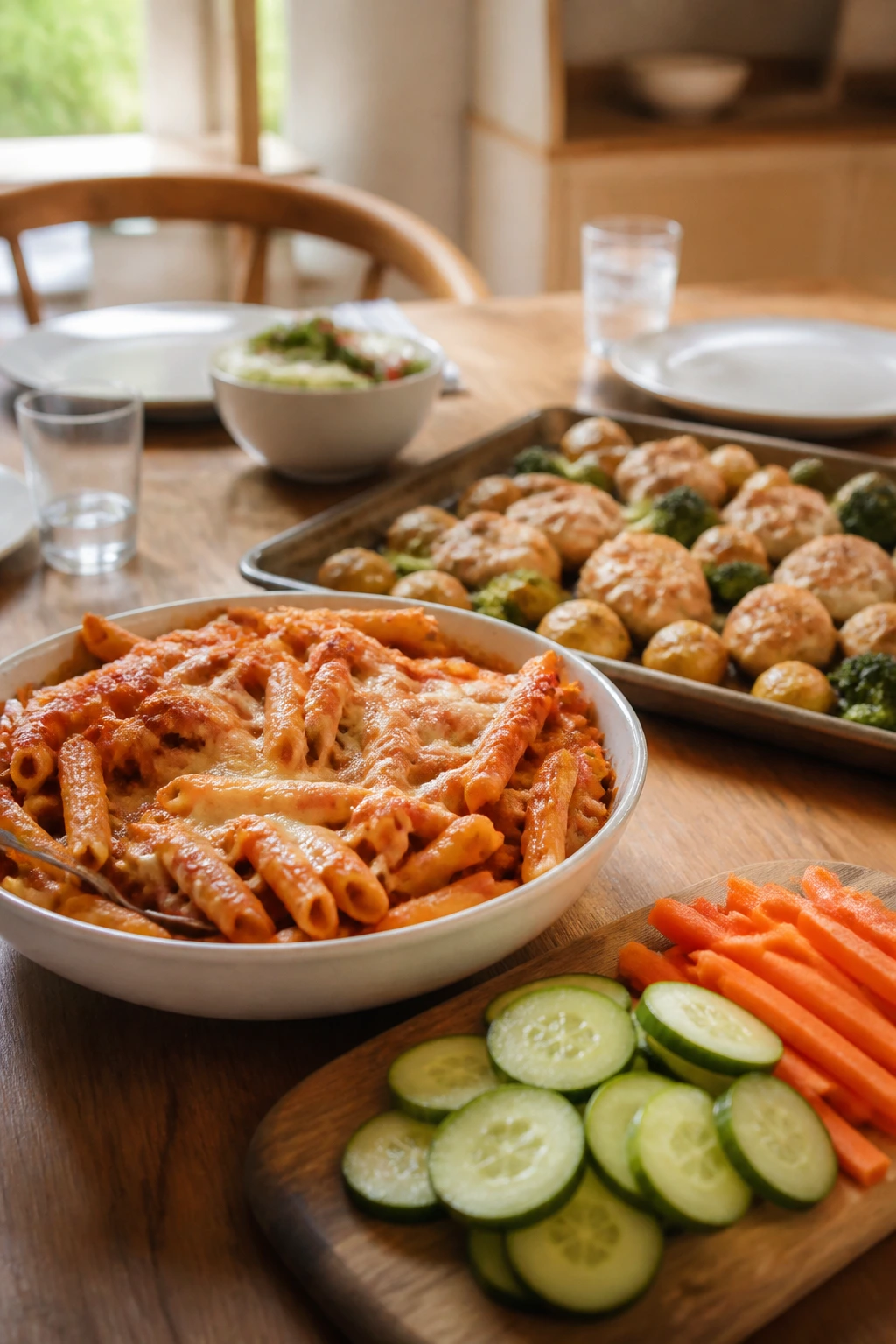 Family-style dinner with baked pasta and kid-friendly sides on a table