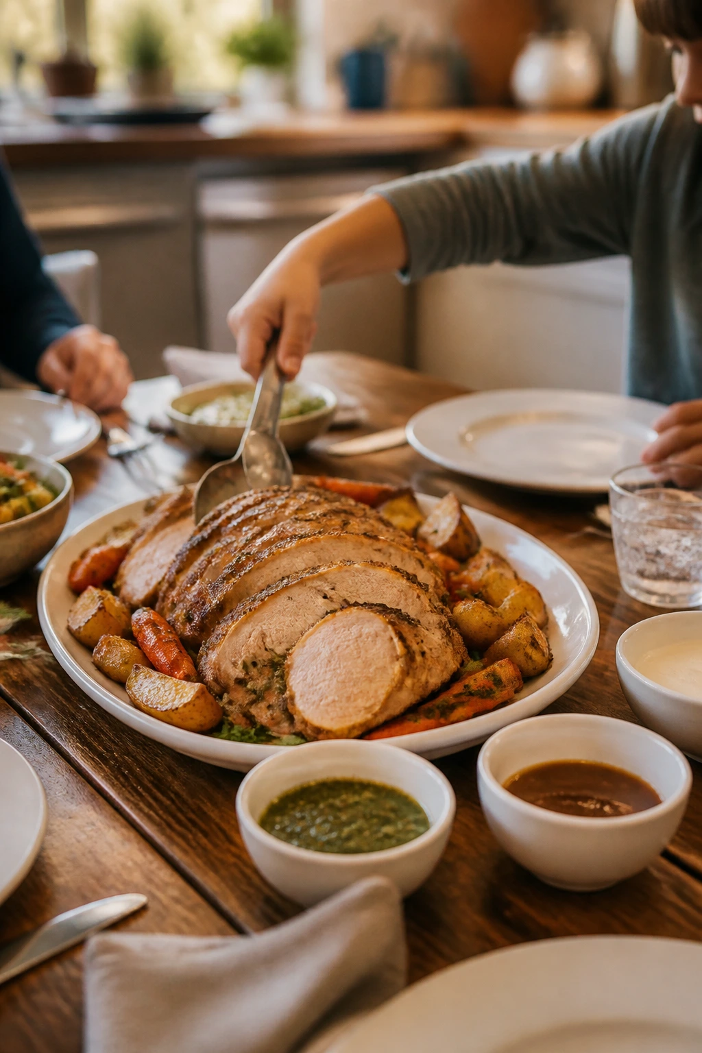 Family-style table with central roast platter and small sauce bowls