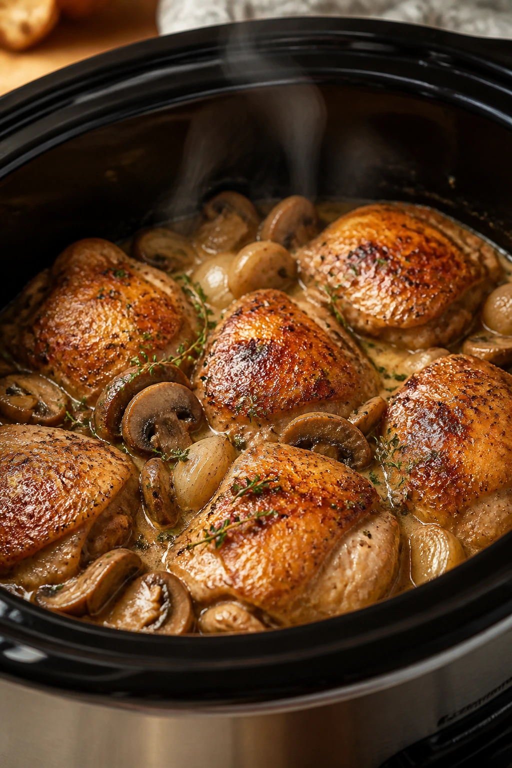 Close-up of braised chicken thighs with mushrooms inside a crockpot in a warm kitchen