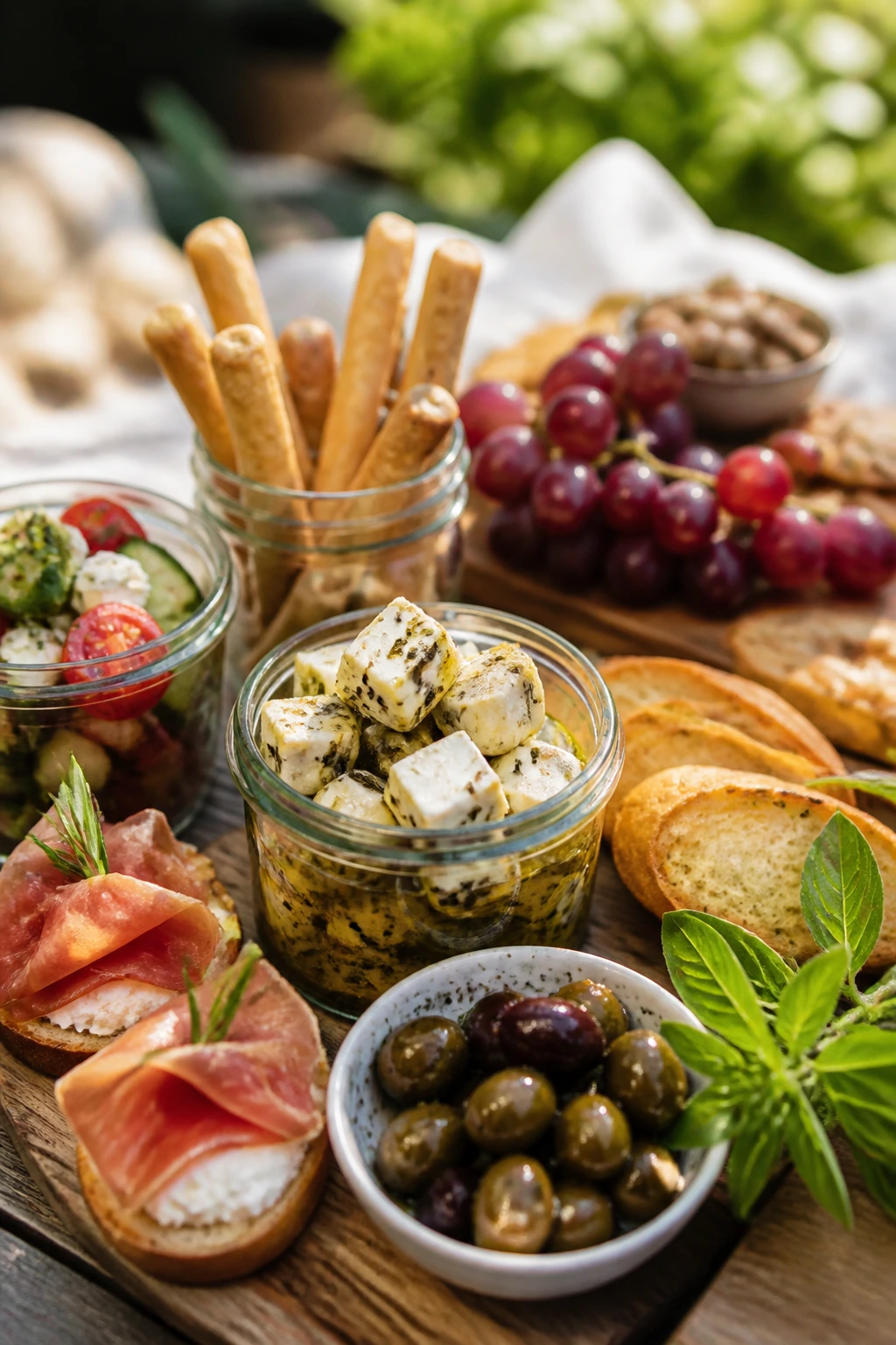 Curated picnic spread on a wooden table with herbs and jars
