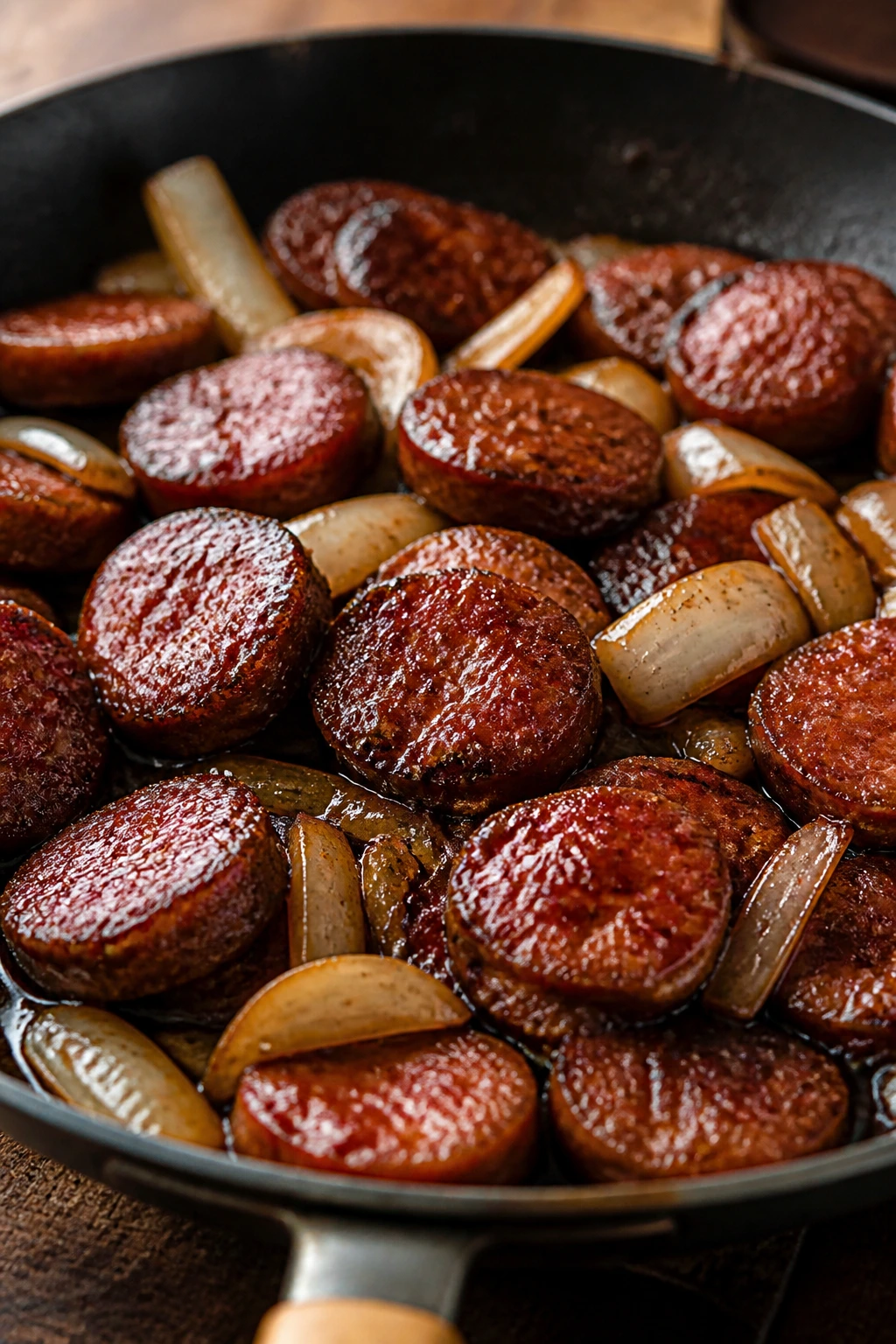 Close-up of browned farmer sausage with glossy glaze and onions in a skillet