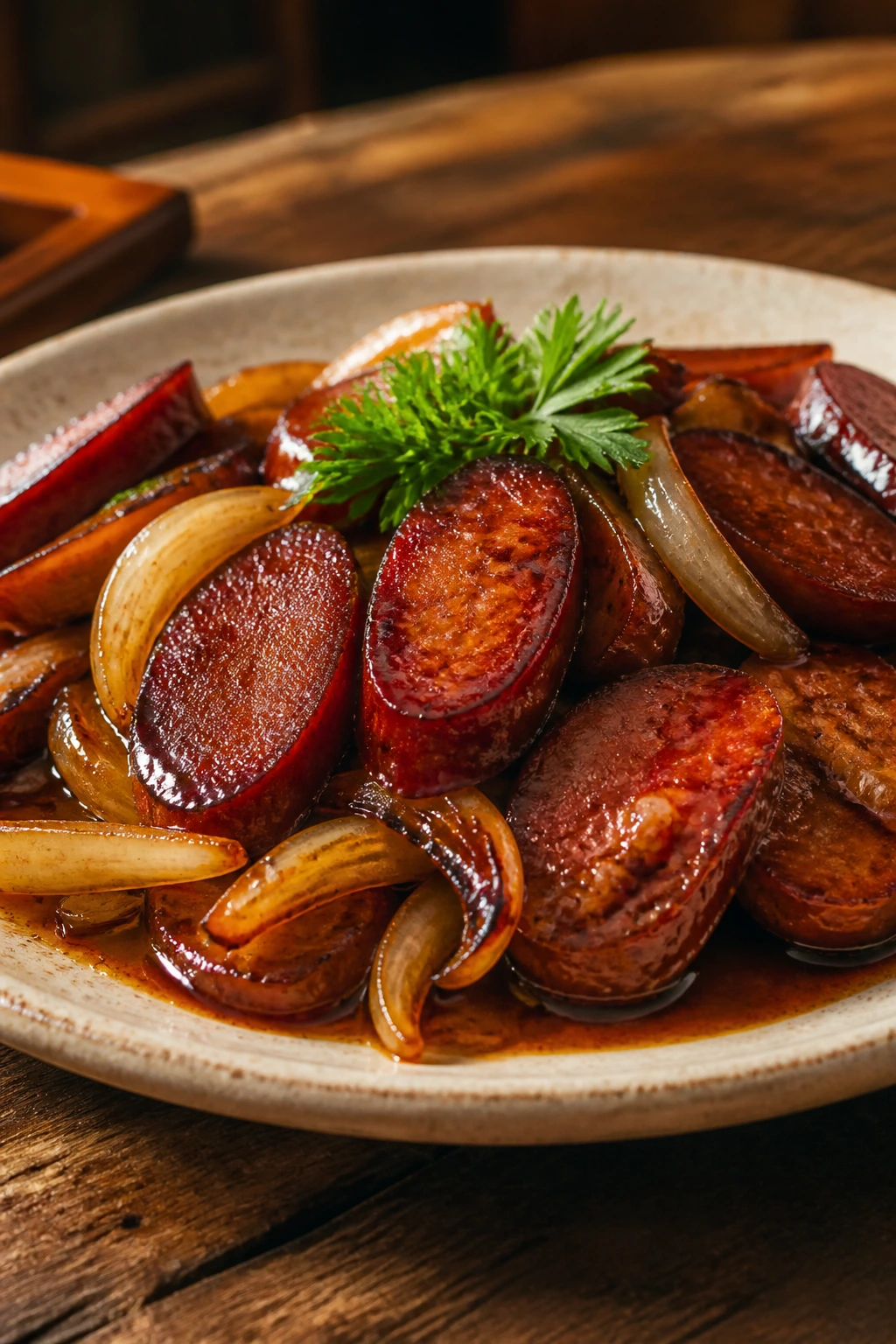 Close-up of plated farmer sausage with onion, glaze pooling and parsley on a rustic table