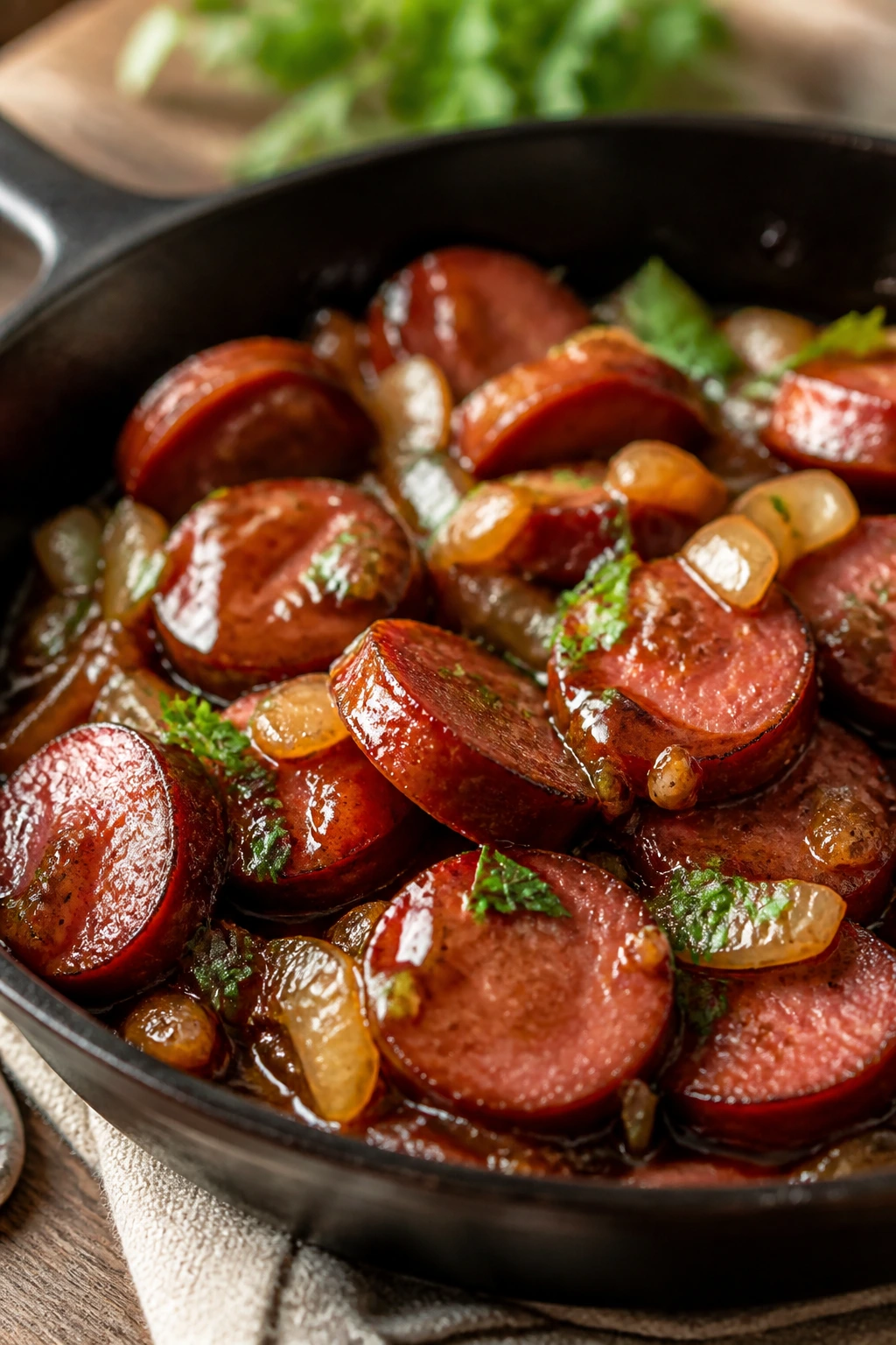 Sliced smoked farmer sausage in glossy brown sugar glaze with onions