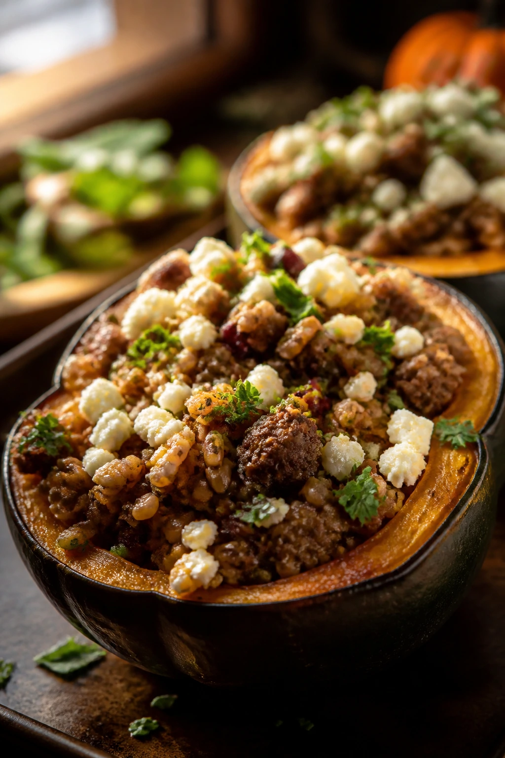 Close-up of halved acorn squash stuffed with farro and ground beef in a warm autumn kitchen