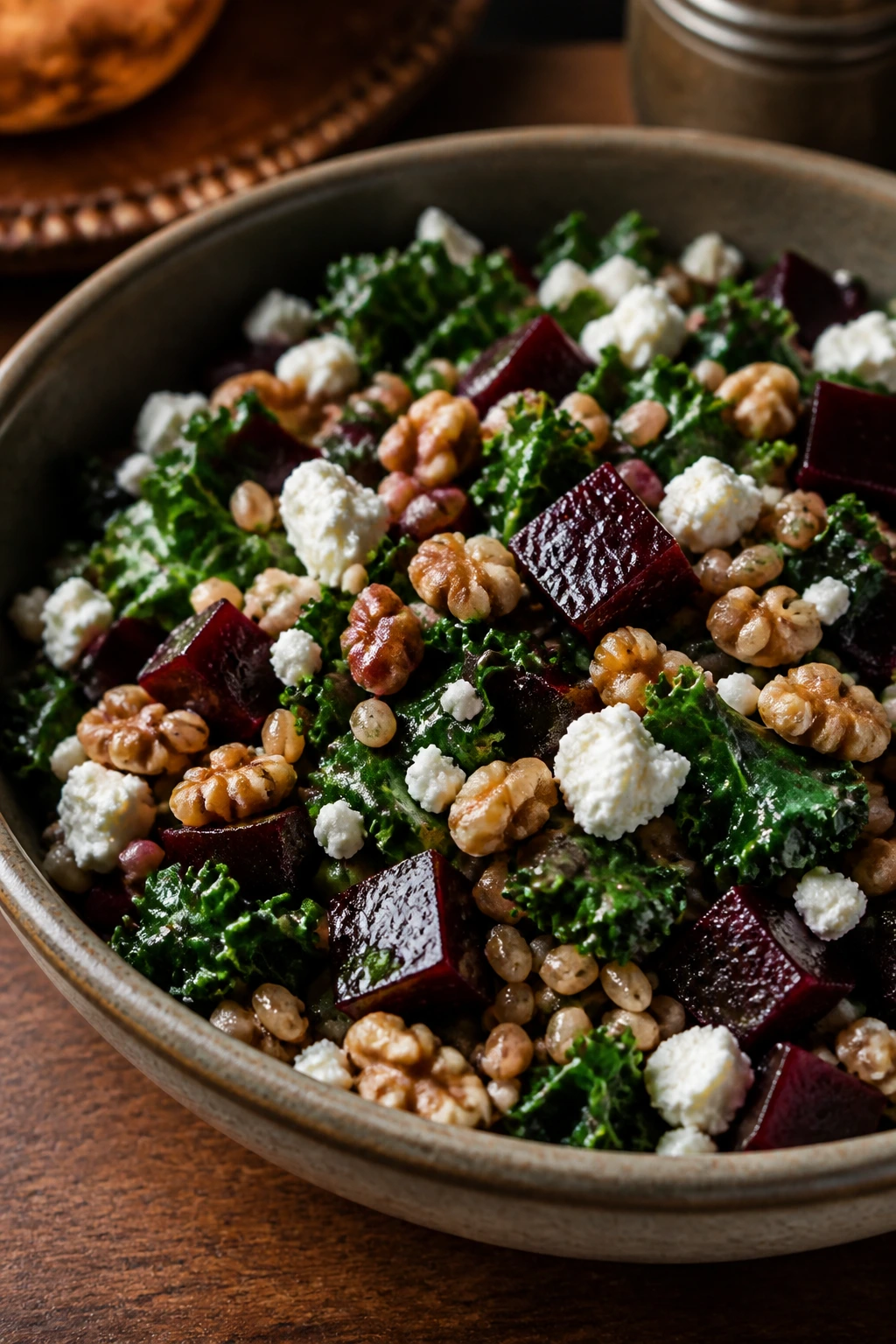Close-up of beet farro salad with goat cheese and walnuts in a bowl