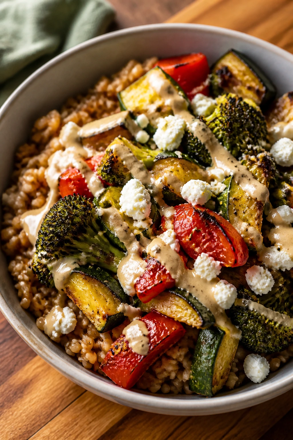 Close-up of a farro bowl with roasted vegetables and feta