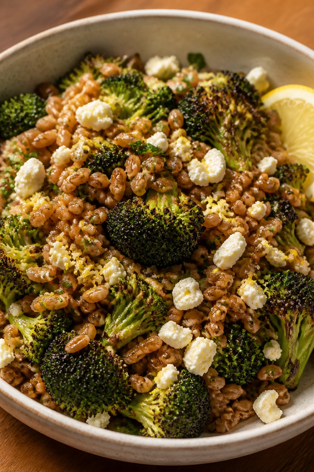 Farro salad with charred broccoli and feta in a bowl