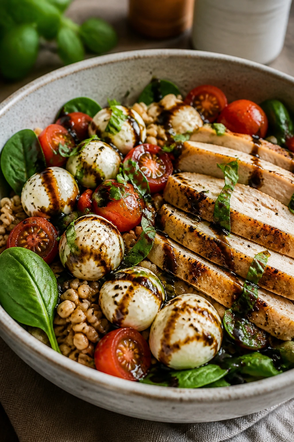 Close-up of Caprese Chicken Farro Bowl with tomatoes, mozzarella and basil