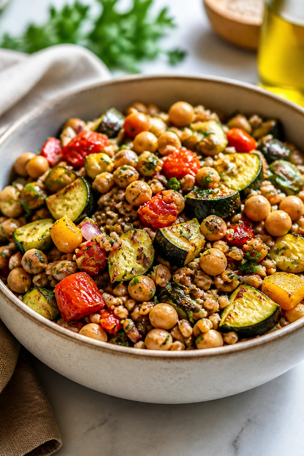 Close-up of farro salad with chickpeas and roasted vegetables