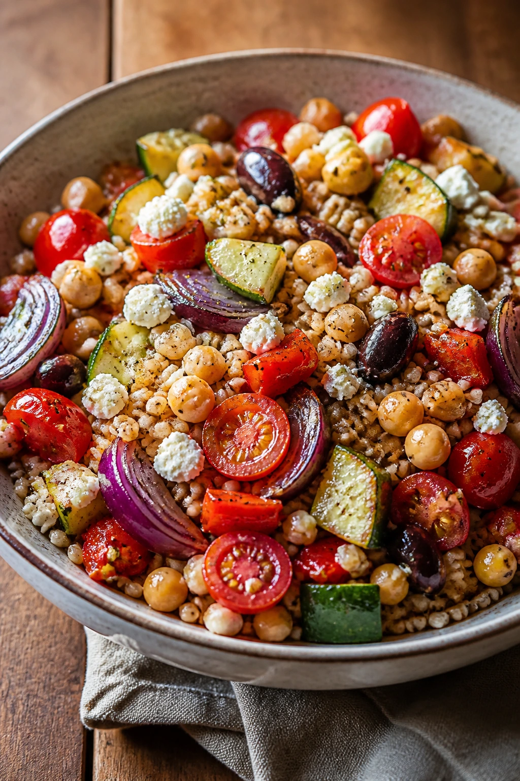 Close-up of farro Greek salad with roasted vegetables and feta in a bowl on a wooden table.