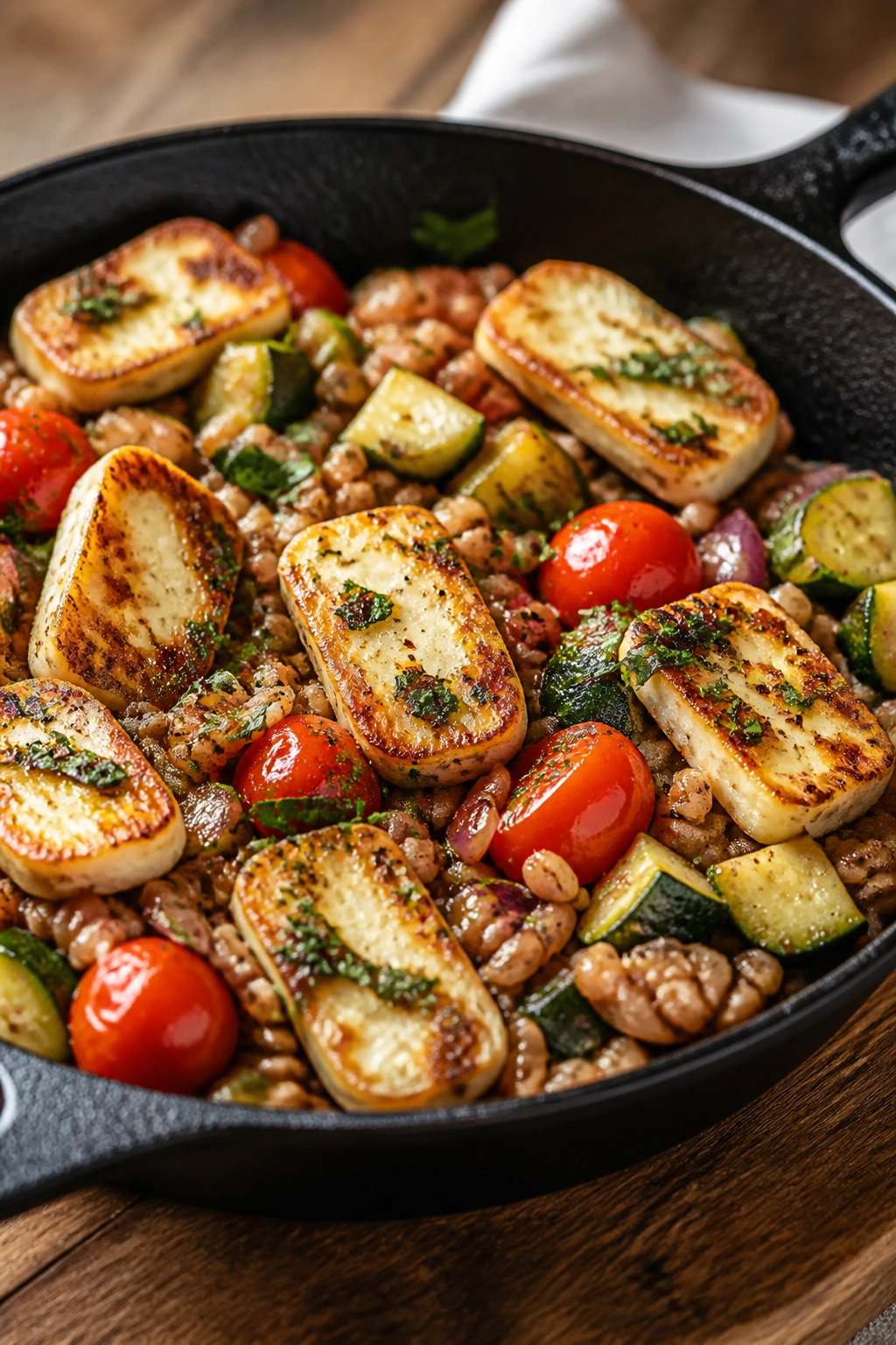 Close-up of Farro Halloumi Vegetable Skillet with browned halloumi, zucchini, tomatoes on a rustic wooden table