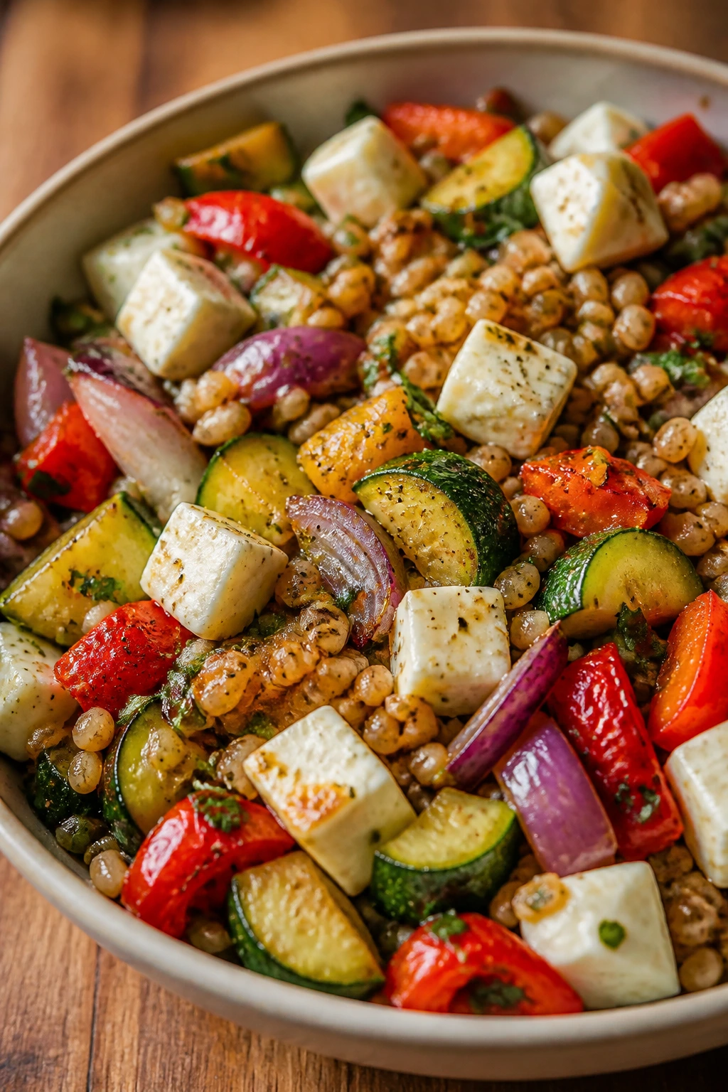 Roasted vegetable farro salad with mozzarella in a kitchen