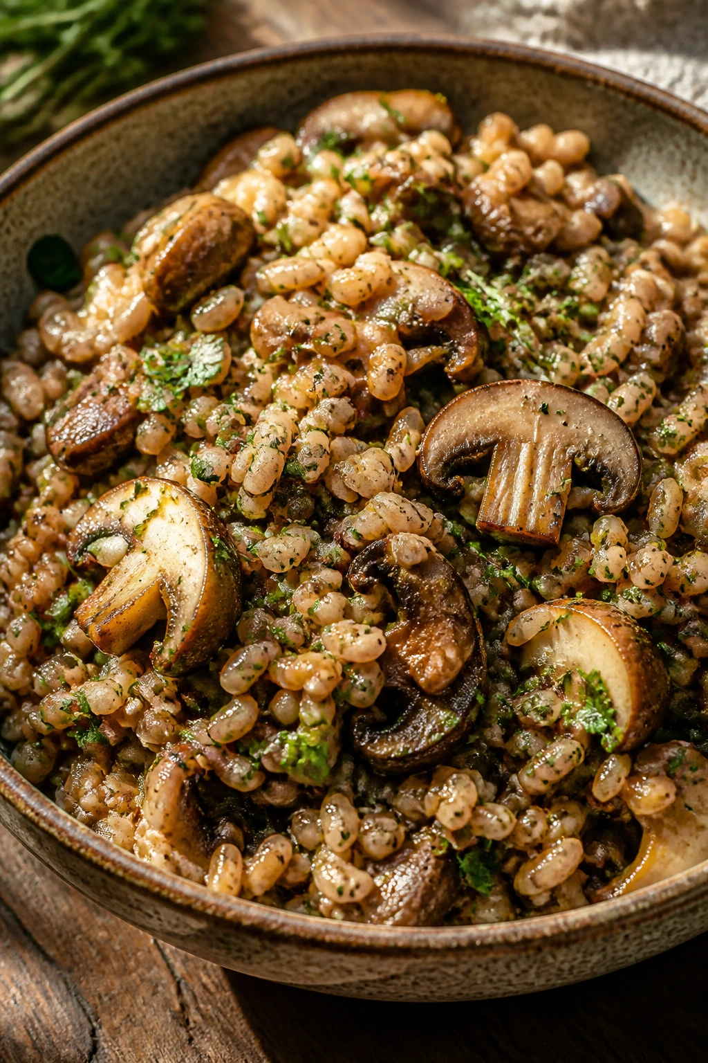 Close-up of farro pilaf with mushrooms and herbs in a bowl
