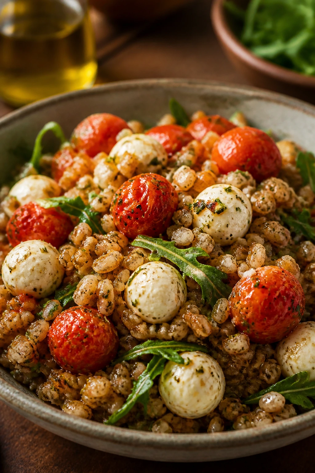 Close-up of farro bowl with roasted tomatoes and mozzarella pearls in a rustic setting
