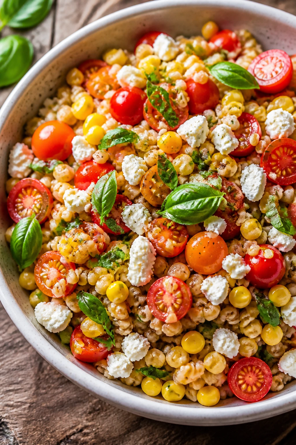 Close-up of Corn Tomato Farro Salad with Basil
