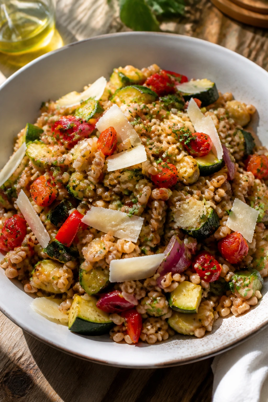 Close-up of farro salad with vegetables and Pecorino in a bright bowl