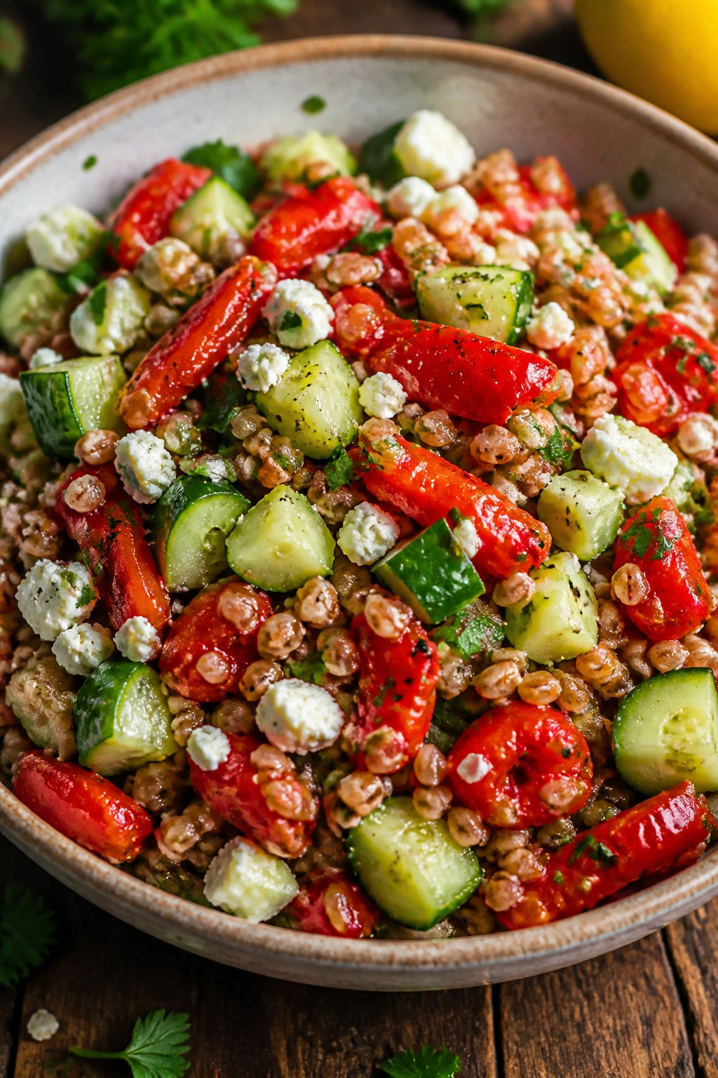 Close-up of Farro Salad with Roasted Red Peppers and Cucumber on a rustic wooden table