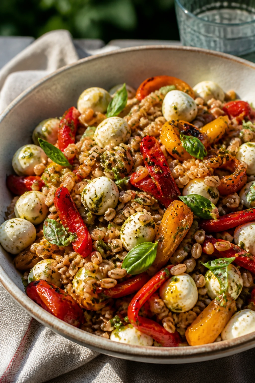 Bowl of farro salad with peppers and mozzarella on a picnic table