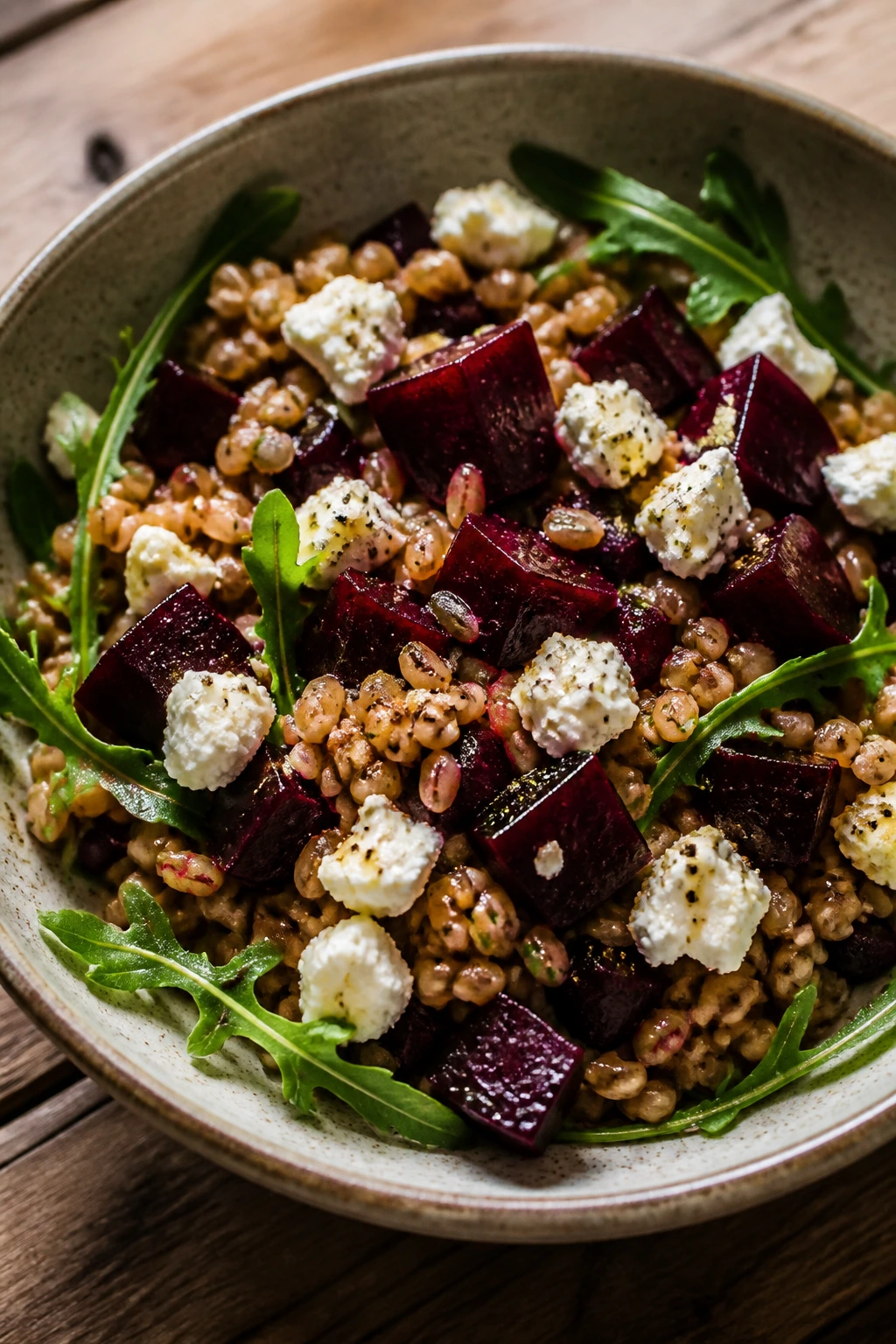 Close-up of farro salad with beets and goat cheese in a bowl